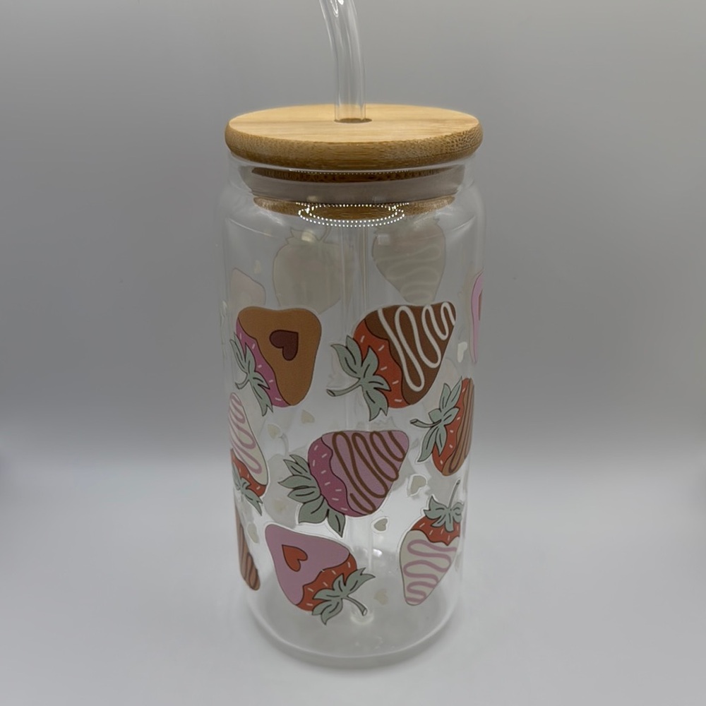 Strawberry Patterned Glass Tumbler with Bamboo Lid